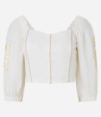 Blusa Cropped em Linho com Manga Bufante e Detalhe Metalizado