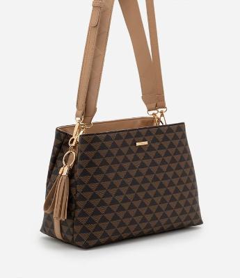 Bolsa Satchel em PU com Alça Gorgorão e Estampa Triângulos