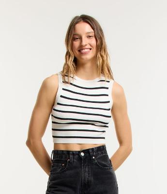 Blusa Cropped Sem Manga em Viscose com Estampa de Listras