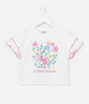 Blusa Curta Infantil com Babadinhos e Estampa Floral - Tam 5 a 14 Anos