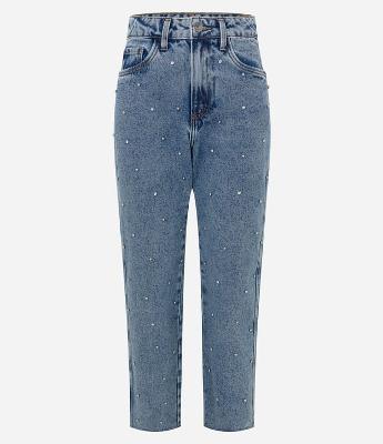 Calça Mom Comfort em Jeans com Brilhos Bordados