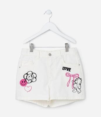 Short Infantil em Jeans com Estampa Ursinho - Tam 5 a 14 Anos