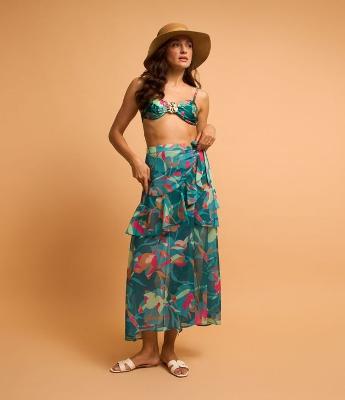 Saída de Praia Saia Chiffon Estampa Folhagem