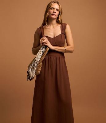 Vestido Evasê Midi em Viscose e Linho com Laço nas Costas