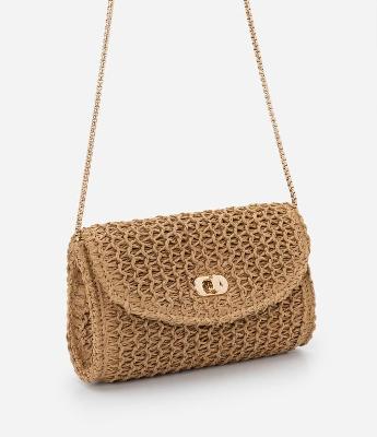 Bolsa Transversal Pequena em Ráfia com Locker de Metal e Alça de Corrente