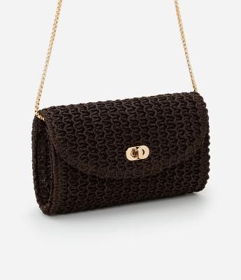 Bolsa Transversal Pequena em Ráfia com Locker de Metal e Alça de Corrente