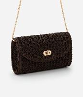 Bolsa Transversal Pequena em Ráfia com Locker de Metal e Alça de Corrente - 1