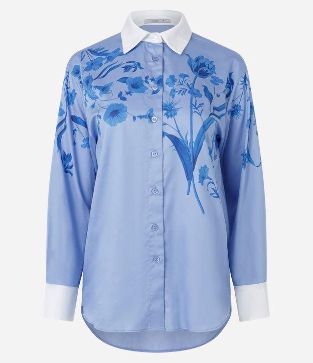 Camisa em Tricoline com Flores Estampadas e Punho Contrastante - 1