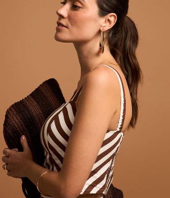 Blusa de Alça em Tricoline Listrado com Lastex