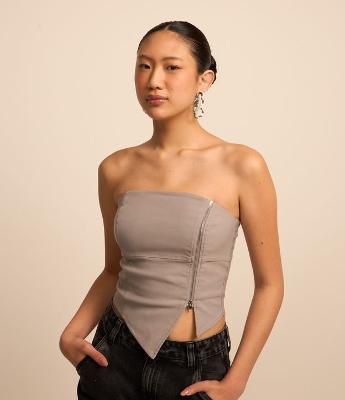 Blusa Tomara que Caia em Bengaline com Barra Assimétrica e Zíper