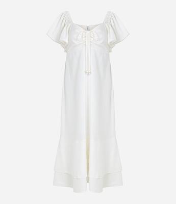 Vestido New Midi em Linho com Babados e Miçangas