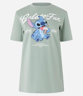 Camiseta Alongada em Algodão com Estampa Stitch