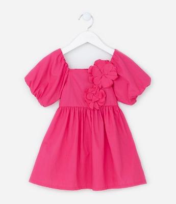 Vestido Infantil em Tricoline com Flor Aplicada - Tam 1 a 5 Anos