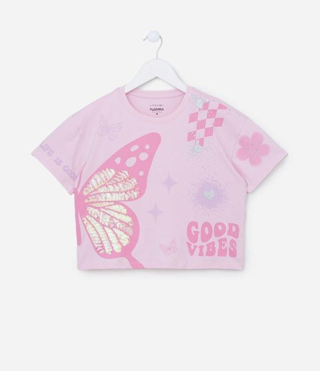 Camiseta Curta Infantil com Borboleta em Paetês - Tam 5 a 14 Anos - 1