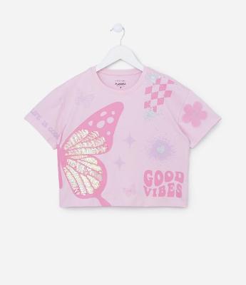 Camiseta Curta Infantil com Borboleta em Paetês - Tam 5 a 14 Anos
