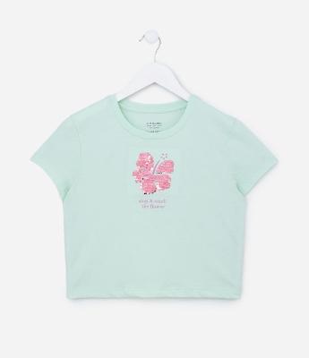 Camiseta Curta Infantil com Bordado em Paetês - Tam 5 a 14 Anos