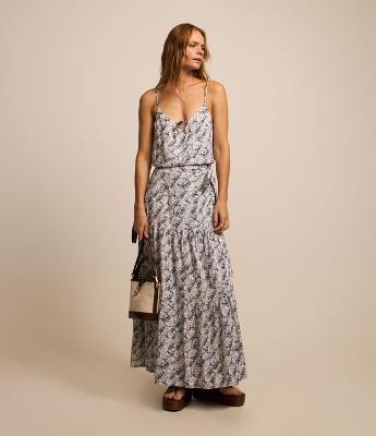 Saia Evasê Long Midi em Viscose com Conchas Estampadas