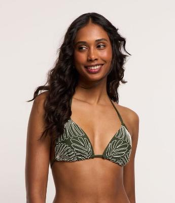Biquíni Top Cortininha em Poliamida com Folhagens Bordadas