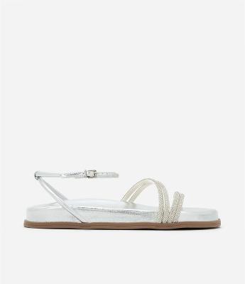 Sandália Rasteira em PU com Tiras de Strass