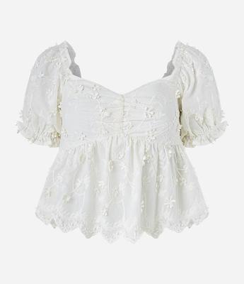 Blusa em Tricoline com Franzido no Busto e Flores 3D