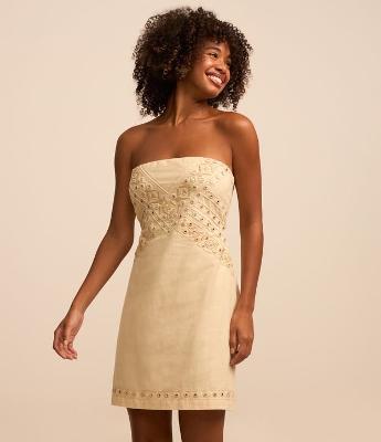 Vestido Curto em Viscose e Linho com Espelhinhos Bordados