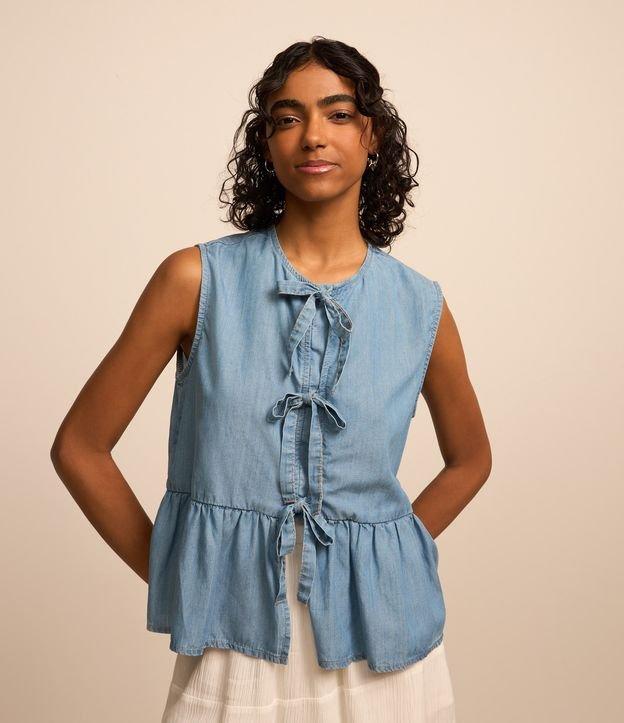 Blusa Peplum em Jeans com Lacinhos - 1