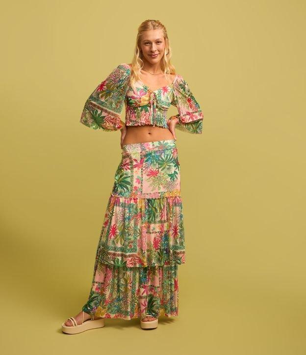 Saia New Midi em Tule com Babados e Estampa Jardim Tropical - 1
