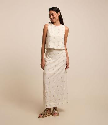 Saia Reta Midi em Cambraia com Bordados Circulares