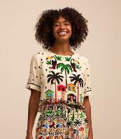 Blusa T-shirt em Viscose e Linho com Estampa Tropical - 1
