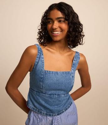 Blusa Cropped em Jeans com com Amarração nas Costas