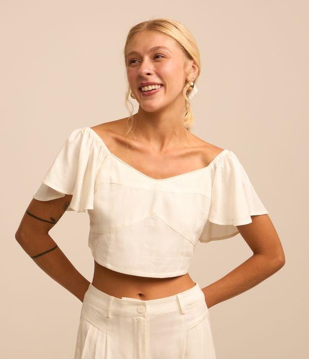 Blusa Curta em Viscose e Linho com Babados nas Mangas - 4