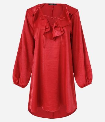 Vestido Curto Acetinado com Babados e Manga Bufante