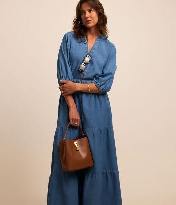 Vestido Long Midi em Jeans com Manga Bufante
