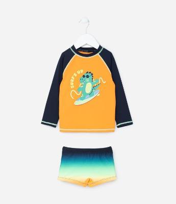 Conjunto de Praia Infantil com Proteção UV e Estampa Dino - Tam 1 a 4 Anos