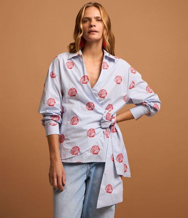 Camisa em Tricoline Listrado com Transpasse e Conchas Estampadas - 1