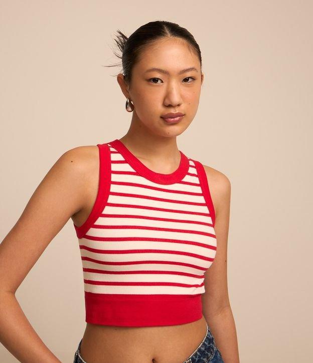 Blusa Sem Manga em Poliamida Canelada com Listras - 1