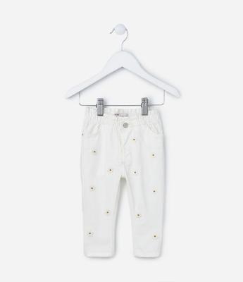 Calça Clochard Infantil com Bordado Margaridas - Tam 3 a 18 meses