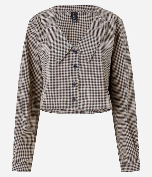 Camisa Cropped em Tricoline Xadrez com Lapelas e Botões - 1