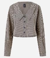 Camisa Cropped em Tricoline Xadrez com Lapelas e Botões - 1