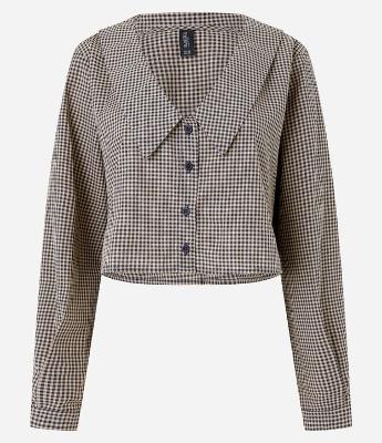 Camisa Cropped em Tricoline Xadrez com Lapelas e Botões