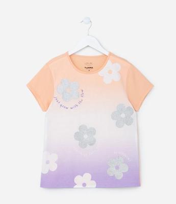 Camiseta Infantil em Degradê com Estampa Flores - Tam 5 a 14 Anos