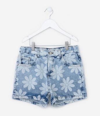 Short Infantil em Jeans com Estampa Flores - Tam 5 a 14 Anos