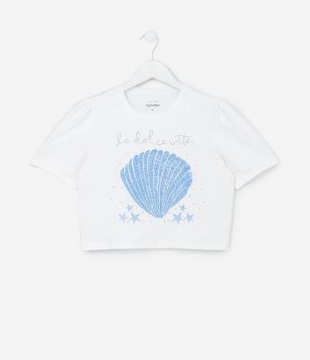 Blusa Infantil com Estampa de Conchas e Brilhos - Tam 5 a 14 Anos