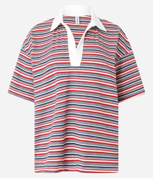 Blusa Polo Oversized em Ribana Listrada com Gola Contrastante - 1
