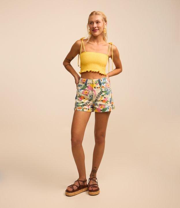 Short Cintura Alta em Jeans com Estampa Tropical - 1