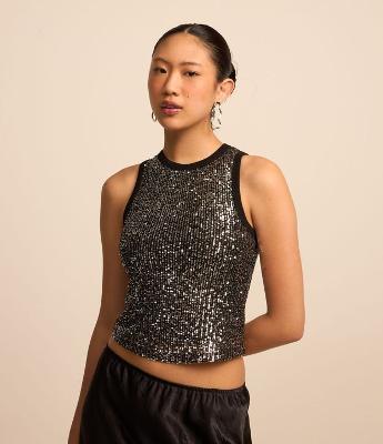 Blusa sem Manga em Paetês e Cavas Contrastantes