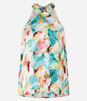 Blusa Acetinada com Laço no Pescoço e Estampa Abstrata