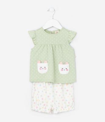 Conjunto Infantil com Bolsos Cara de Bichinho - Tam 0 a 18 meses