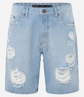 Bermuda Slim em Jeans Denim Destroyed e Barra a Fio - 1