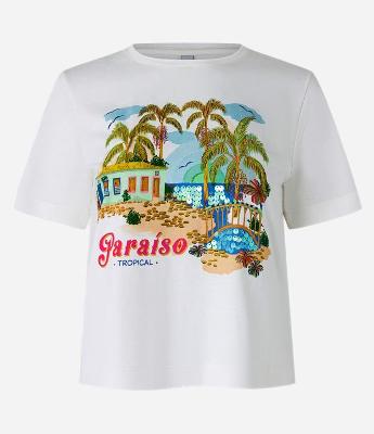 Blusa T-shirt em Algodão com Paetês Bordados e Estampa Paraíso Tropical